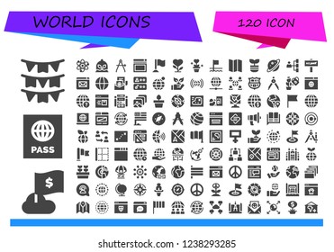 Vector icons pack of 120 filled world icons. Simple modern icons about  - Flags, Flag, Passport, Solar system, Plant, Compass, Website, Map, Planet, Network, War, Worldwide, Peace, Access, Earth globe