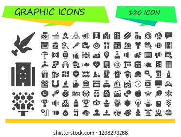 Vector icons pack of 120 filled graphic icons. Simple modern icons about  - Martial arts, Light, Hospital, Money, Sea, Bonfire, Triquetra, Megaphone, Curtain, Map, Pills, Hot dog, Diary product