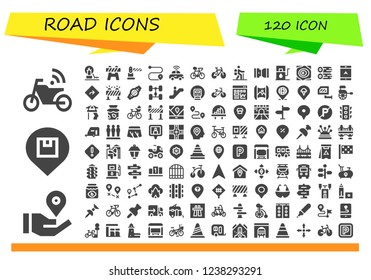 Vector icons pack of 120 filled road icons. Simple modern icons about  - Motorbike, Location pin, Location, Landscape, Barrier, Route, Autonomous car, Bike, Hiking, Seat belt, Gas station