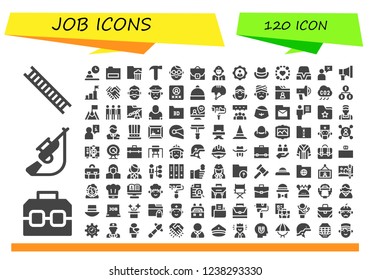 Vector icons pack of 120 filled job icons. Simple modern icons about  - Ladder, Case, Hunting, Employee, Folder, Hammer, Man, Firefighter, User, Hat, Group, Salesman, Promotion, Goal, Shake hands