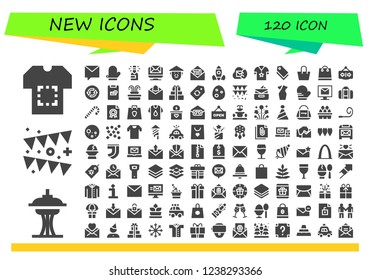 Vector icons pack of 120 filled new icons. Simple modern icons about  - Shirt, Space needle, Garland, Private message, Mitten, Champagne, Email, Chinese, Mail, Rocket launch, Tag, Bag, Shopping bag