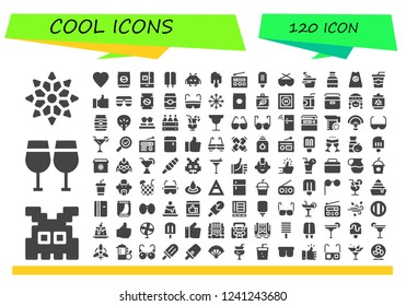 Vector icons pack of 120 filled cool icons. Simple modern icons about  - Snowflake, Space invaders, Glasses, Like, Can, Fridge, Popsicle, Radio, Sunglasses, Ice bucket, Soda, Superhero