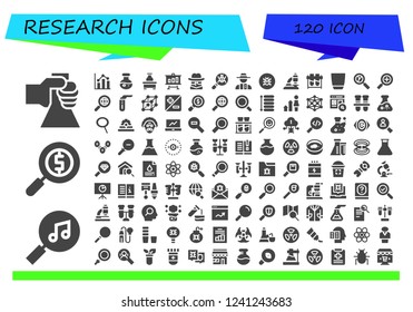 Vector icons pack of 120 filled research icons. Simple modern icons about  - Flask, Search, Magnifying glass, Analytics, Science, Detective, Loupe, Virus, Microscope, Test tubes, Glass