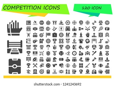 Vector icons pack of 120 filled competition icons. Simple modern icons about  - Gloves, Football, Boxing ring, Swimming pool, Basketball, Stopwatch, Success, Snowboard, Ball, Target, Goal