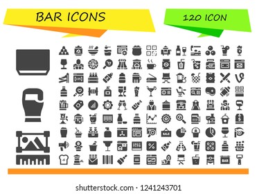 Vector icons pack of 120 filled bar icons. Simple modern icons about  - Soup, Graphic, Beer, Ingot, Can, Powder, Code, Gold, QR, Room service, Wine, Adze, Chocolates, Juice, Wine glass svg