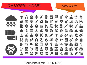 Vector icons pack of 120 filled danger icons. Simple modern icons about  - Hail, Biohazard, Bullets, Bonfire, Cigarette, Alarm, Stairs, Traffic light, Matches, Pirate, Extinguisher, Road sign