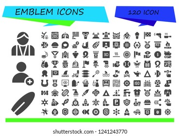 Vector icons pack of 120 filled emblem icons. Simple modern icons about  - Bartender, Surfboard, Add, Hip hop, View, Lungs, Flag, Demonstration, Island, Lighthouse, Owl, Iceberg, Torch