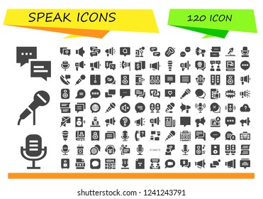 Vector icons pack of 120 filled speak icons. Simple modern icons about  - Chat, Microphone, Speaker, Comments, Megaphone, Comment, Bubbles, Conversation, Walkie, Talk, Propaganda, Message