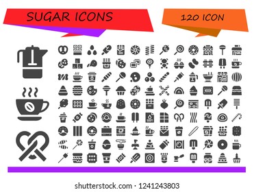 Vector icons pack of 120 filled sugar icons. Simple modern icons about  - French press, Pretzel, Coffee, Chocolate, Candies, Popsicle, Cookie, Marshmallow, Caramelized apple, Lollipop, Donut