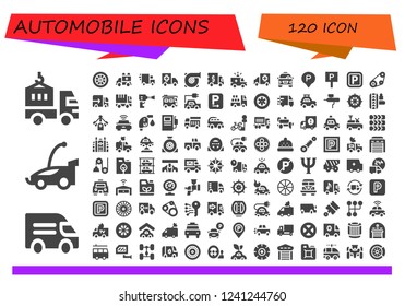 Vector icons pack of 120 filled automobile icons. Simple modern icons about  - Delivery truck, Van, Car, Wheel, Ambulance, Turbo, Truck, Taxi, Parking, Timing belt, Lorry, Wheel pressure