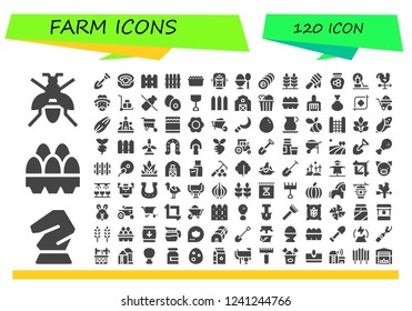 Vector icons pack of 120 filled farm icons. Simple modern icons about  - Wasp, Horse, Eggs, Shovel, Animal, Fence, Sand, Gorilla, Boiled egg, Bale, Wheat, Honey, Landscape, Cock, Farmer