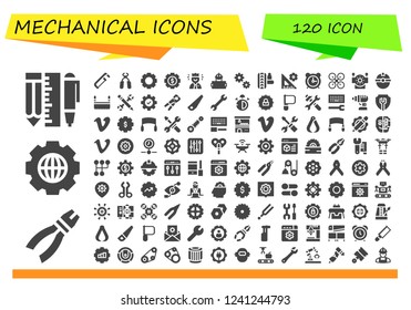 Vector icons pack of 120 filled mechanical icons. Simple modern icons about  - Tools, Pliers, Settings, Saw, Worker, Cogwheel, Suspension, Alarm clock, Drone, Robot, Configuration, Wrench