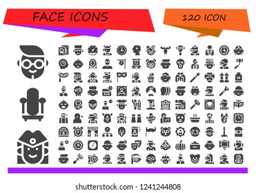 Vector icons pack of 120 filled face icons. Simple modern icons about  - Boy, Stewardess, Mirror, Playing cards, Gentleman, Clock, Call center, Wall clock, Head, Clown, Skull, Rattle, Businessman