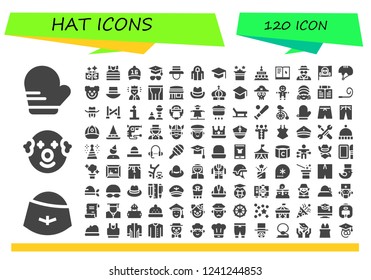 Vector icons pack of 120 filled hat icons. Simple modern icons about  - Mitten, Hat, Clown, Magic, Sailor, Cap, Mortarboard, Hoodie, Graduation, Birthday cake, Learning, Invisible man, Pirate