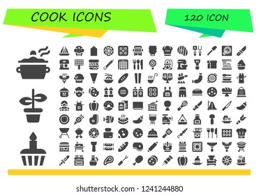 Vector icons pack of 120 filled cook icons. Simple modern icons about  - Pot, Cupcake, Juicer, Muffin, Sauce, Pizza, Grill, Mayonnaise, Chef, Steak, Spatula, Knife, Mixer, Scone, Skewer
