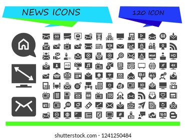 Vector icons pack of 120 filled news icons. Simple modern icons about  - Advertising, Email, Television, Feed, Mail box, Newspaper, Tv, Press, Rss, News reporter, Multimedia, Blogger, Ads