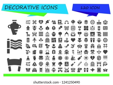 Vector icons pack of 120 filled decorative icons. Simple modern icons about  - Amphora, Banner, Rainbow, Garland, Churros, Heart, Zen, Certificate, Mirror, Blossom, Ornament, Stained glass