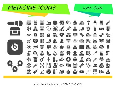 Vector icons pack of 120 filled medicine icons. Simple modern icons about  - Powder, Molecule, Beats pill, View, Effervescent, Medicine, Toothbrush, Clinic, Injection, Blood bag, Flask