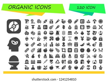 Vector icons pack of 120 filled organic icons. Simple modern icons about  - Apple, Egg, Eco, Juice, Landscape, Wheat, Vitamin c, Carrot, Bananas, Fried egg, Rice, Mushroom, Watermelon, Tofu