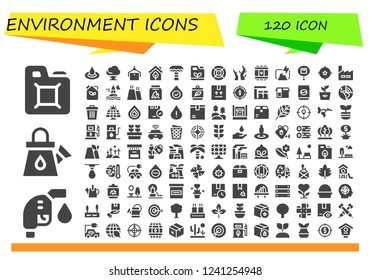 Vector icons pack of 120 filled environment icons. Simple modern icons about  - Fuel, Gas fuel, Watering can, Droplet, Tree, Package, Eco, Palm tree, Gasoline, Dart, Branches, Barrel, Compost