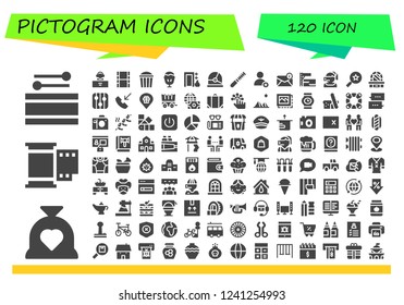 Vector icons pack of 120 filled pictogram icons. Simple modern icons about  - Drum, Budget, Film, DJ, Movie, Popcorn, Sundae, Exit, Helmet, File, Add, Email, Trampoline, Call center, Favorites