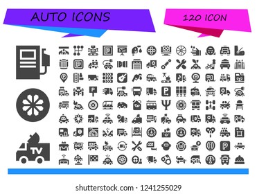 Vector icons pack of 120 filled auto icons. Simple modern icons about  - Fuel station, Van, Wheel, Car, Gearshift, Robot, Parking, Dashboard, Gas fuel, Artificial intelligence, Wash, Steering wheel