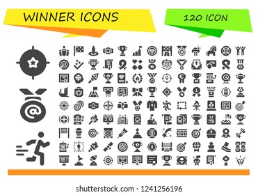 Vector icons pack of 120 filled winner icons. Simple modern icons about  - Target, Runner, Medal, Beer pong, Finish flag, Champion belt, Trophy, Goal, Premium, Success, Horse, Dart, Certificate