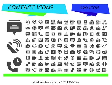 Vector icons pack of 120 filled contact icons. Simple modern icons about  - Chat, Support, Telephone, Customer support, Phone, Phone call, Card, Post office, Customer service, Smartphone