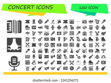 Vector icons pack of 120 filled concert icons. Simple modern icons about  - Accordion, Microphone, Stage, Coupon, Spotlight, Karaoke, Bagpipes, Voice message, Tickets, Trumpet, Harp, Piano