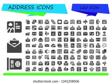 Vector icons pack of 120 filled address icons. Simple modern icons about  - Postcard, Card, Email, Cards, Sent, Invitation, Browser window, Message, Mail, Mailing, Mailbox, Browser, Envelope