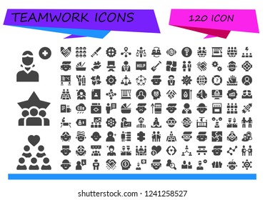 Vector icons pack of 120 filled teamwork icons. Simple modern icons about  - Add user, Group, Teamwork, Handshake, Friends, Baton, Gear, Connection, Value, Vision, Help, Newton cradle, Motivation