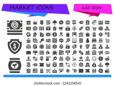 Vector icons pack of 120 filled market icons. Simple modern icons about  - Money, Bag, Basket, Bitcoin, Market, Broccoli, Coupon, Store, Food cart, Media fire, Online store, Shrimp, Carrots