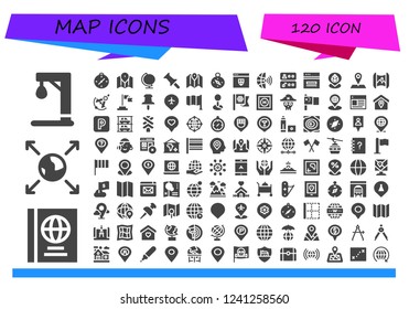 Vector icons pack of 120 filled map icons. Simple modern icons about  - Gallow, Passports, Earth globe, Compass, Map, Globe, Push pin, Website, Global, Access, Web, Placeholder, Mapping