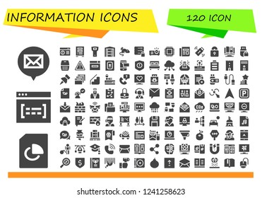 Vector icons pack of 120 filled information icons. Simple modern icons about  - Email, Document, Browser, Server, Opener, Mouse, Projector, Cpu, Newspaper, Pendrive, Padlock, Ebook, Cellphone