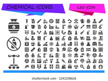 Vector icons pack of 120 filled chemical icons. Simple modern icons about  - Gas, Dropper, Aerosol, Spray, Eye dropper, Nuclear plant, Biohazard, Barrel, Science, Pills, Mad scientist, Oil