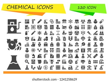 Vector icons pack of 120 filled chemical icons. Simple modern icons about  - Gas station, Flasks, Pills, Test tube, Extinguisher, Eyedropper, Spray, Molecule, Periodic table, Test tubes