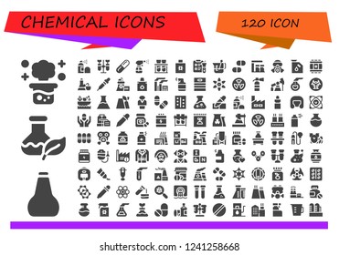 Vector icons pack of 120 filled chemical icons. Simple modern icons about  - Chemical reaction, Oil, Flask, Spray, Chemistry, Pill, Chemical, Science, Beaker, Pills, Gas station, Gas mask