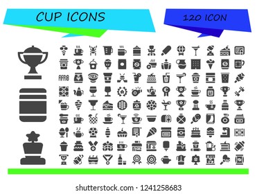 Vector icons pack of 120 filled cup icons. Simple modern icons about  - Trophy, Award, Baby food, Ice cream, Tea, Cricket, Measuring cup, Coffee, Punching ball, Office chair, Prize, Martini