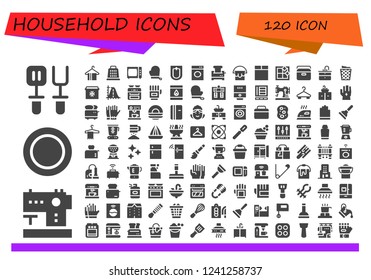 Vector icons pack of 120 filled household icons. Simple modern icons about  - Spatula, Sewing machine, Dish, Hanger, Grater, Microwave, Gloves, Bidet, Washing machine, Toaster, Bucket, Clean window