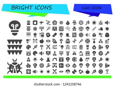 Vector icons pack of 120 filled bright icons. Simple modern icons about  - Lightbulb, Ladybug, Garlands, Sunflower, Apple, Lamp, Dna, Plasma ball, Sun, Drop, Light, Color wheel, Torch, Volume
