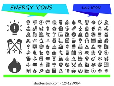 Vector icons pack of 120 filled energy icons. Simple modern icons about  - Idea, Fire, Spotlight, Lightbulb, Light, Flash, Socket, Ecology, Cup, Buddha, Thinking, Solar panel, Chakra, Magnet