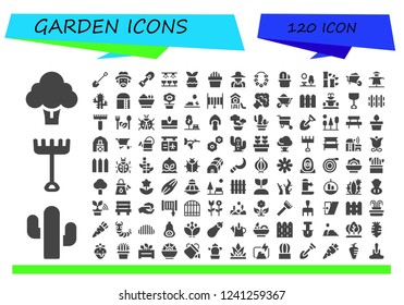 Vector icons pack of 120 filled garden icons. Simple modern icons about  - Broccoli, Cactus, Rake, Shovel, Farmer, Farm, Plant, Gardener, Flower, Park, Bamboo, Wheelbarrow, Scarecrow, Harvest