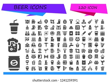 Vector icons pack of 120 filled beer icons. Simple modern icons about  - Soda, Can, Beer, Food, Oktoberfest, Bar, Crop, Bottle opener, Cowboy, Bartender, Cocktail, Rum, Barrel, Tin, Beer tap