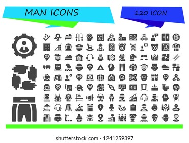 Vector icons pack of 120 filled man icons. Simple modern icons about  - User, Boxing shorts, Teamwork, Success, Placeholder, Jet ski, Jumping rope, Mind, Strategy, Bodyguard, Student, Speakers