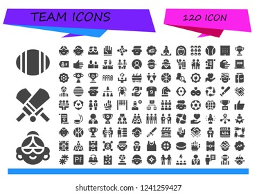 Vector icons pack of 120 filled team icons. Simple modern icons about  - Rugby, Avatar, Cricket, Friends, Hand, Hug, Gear, Startup, Ball, Office, Trophy, Friend, Table football, User, Man