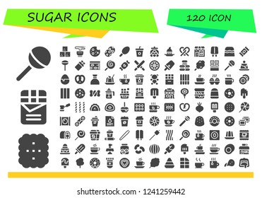 Vector icons pack of 120 filled sugar icons. Simple modern icons about  - Lollipop, Cookie, Chocolate, Sugar cube, Tea, Cookies, Cotton candy, Coffee, Candy jar, Cupcake, Pretzel, Coffee shop