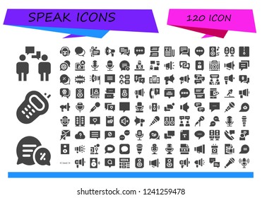 Vector icons pack of 120 filled speak icons. Simple modern icons about  - Conversation, Walkie, Commentator, Chat, Speech, Megaphone, Text, Speakers, Loudspeaker, Microphone, Talk, Speaker