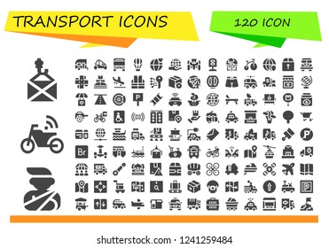 Vector icons pack of 120 filled transport icons. Simple modern icons about  - Package, Accident, Motorbike, Caravan, Buggy, Bus, Hot air balloon, World, Worldwide, Race car, Traffic light