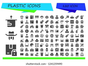 Vector icons pack of 120 filled plastic icons. Simple modern icons about  - Package, Hat, Waste, Bucket, Shopping bag, Glasses, Helmet, Bag, Sunglasses, Bottle, Soda, Glass cleaner, Toothpaste