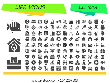 Vector icons pack of 120 filled life icons. Simple modern icons about  - Fish, Tissue, Eco, Fishbowl, Eggs, Lifesaver, Balance, Priest, Homeless, Dna, Fern, Exit, Sos, Plant, Cardiogram